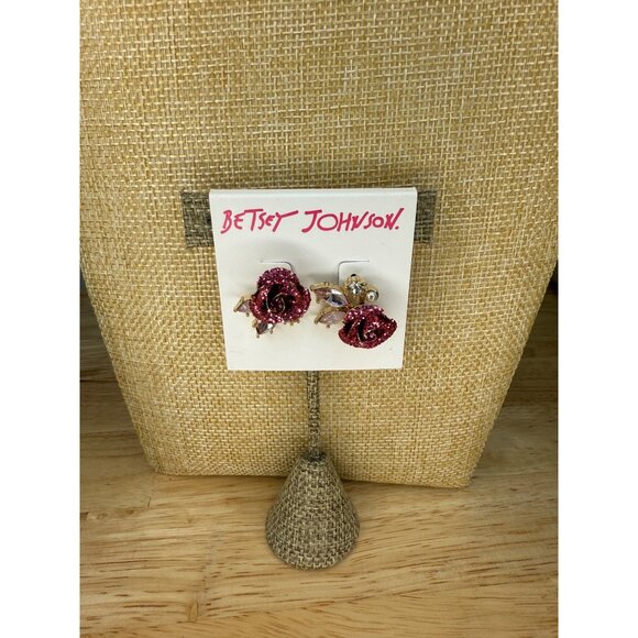 Betsey Johnson Rose Crystal Stud Earrings With Pink Glitter Accents & Gold-Tone - Picture 2 of 13